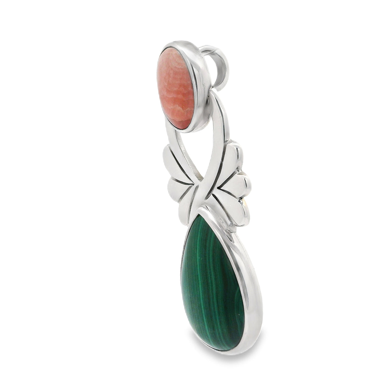 Malachite & Rhodochrosite Pendant - Pear & Oval Set with Wing Design