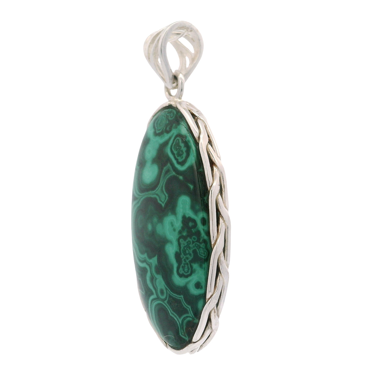 Malachite Oval Pendant in Ornate Bezel Setting with Fancy Bail in 925 Sterling Silver
