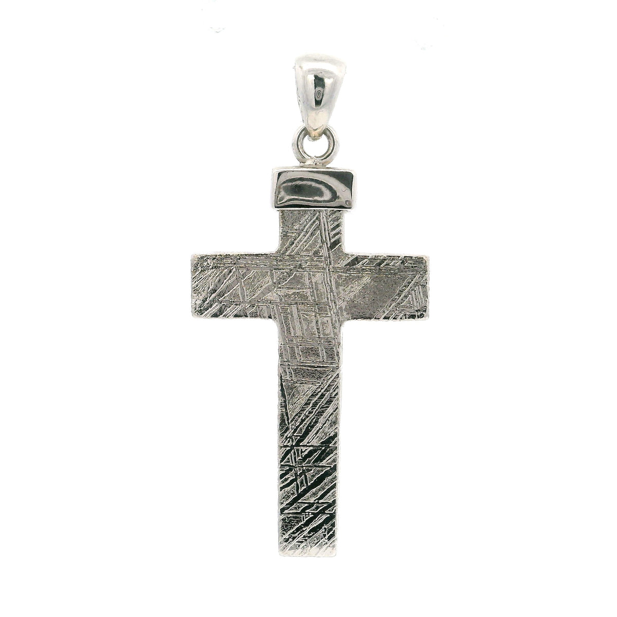 Muonionalusta meteorite cross pendant showing etched Widmanstatten pattern with 925 sterling silver lantern-top bail