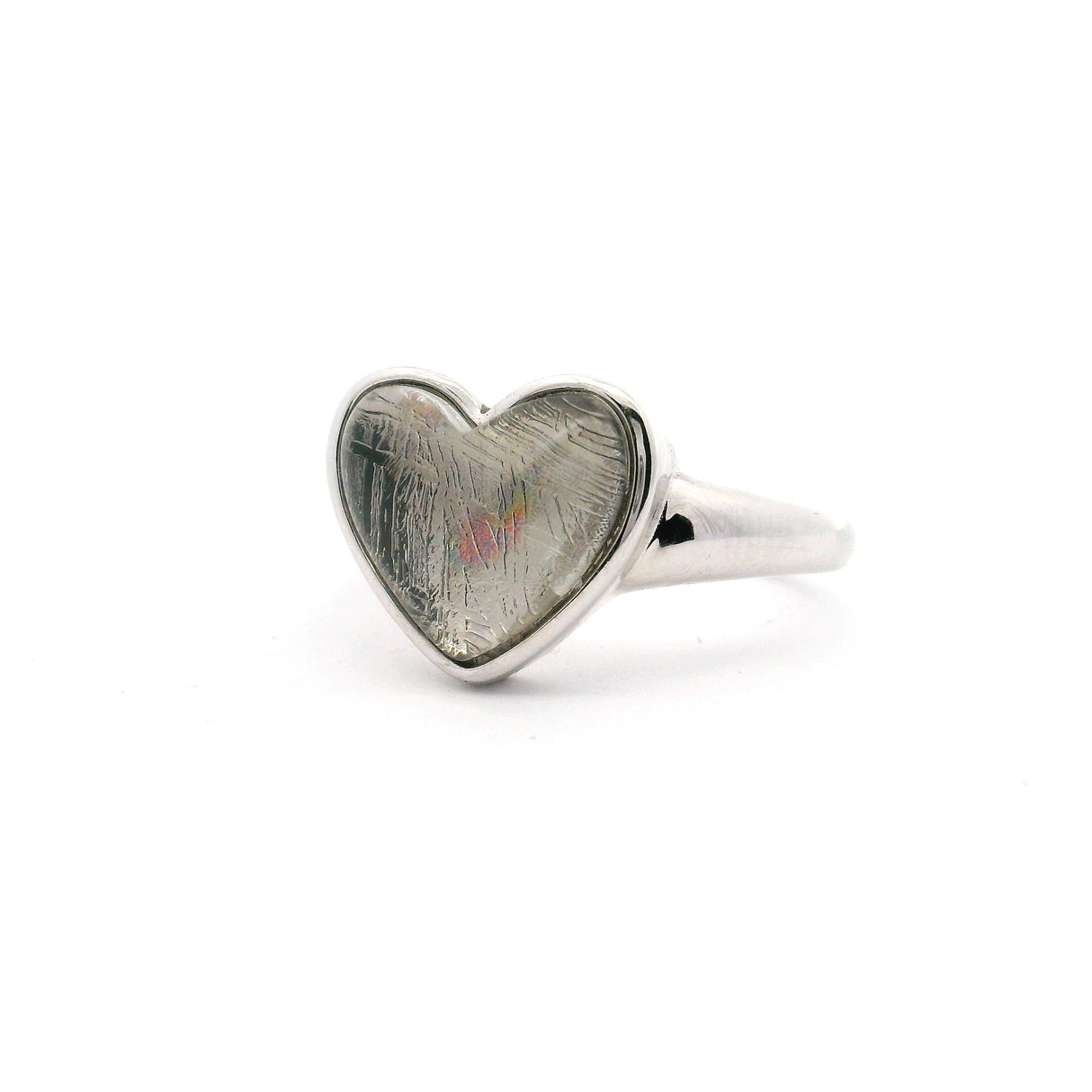 Munionalusta Meteorite Heart Ring with Rhodium Vermiel and Sapphire Crystal Cabochon