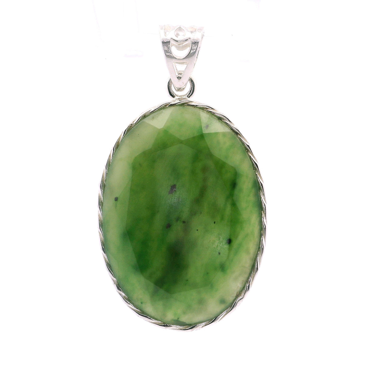Faceted Nephrite Jade Oval Pendant in Ornate Bezel Setting with Fancy Bail in 925 Sterling Silver