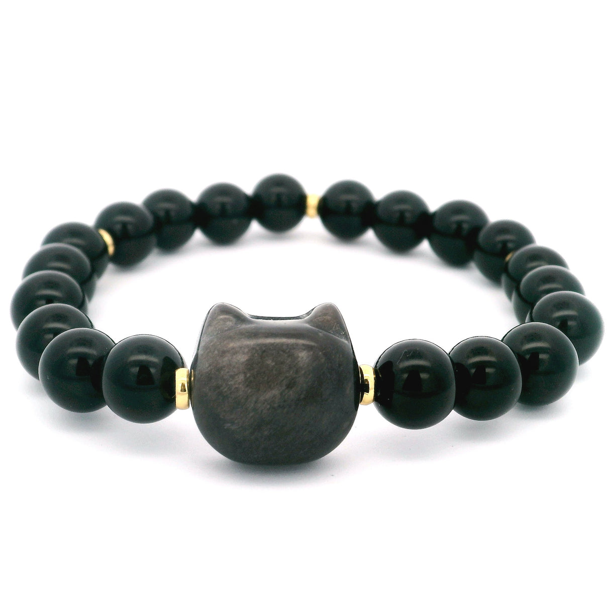 Cat Face Carved Bead & 8mm Rounds Beaded Bracelet with Gold Spacers