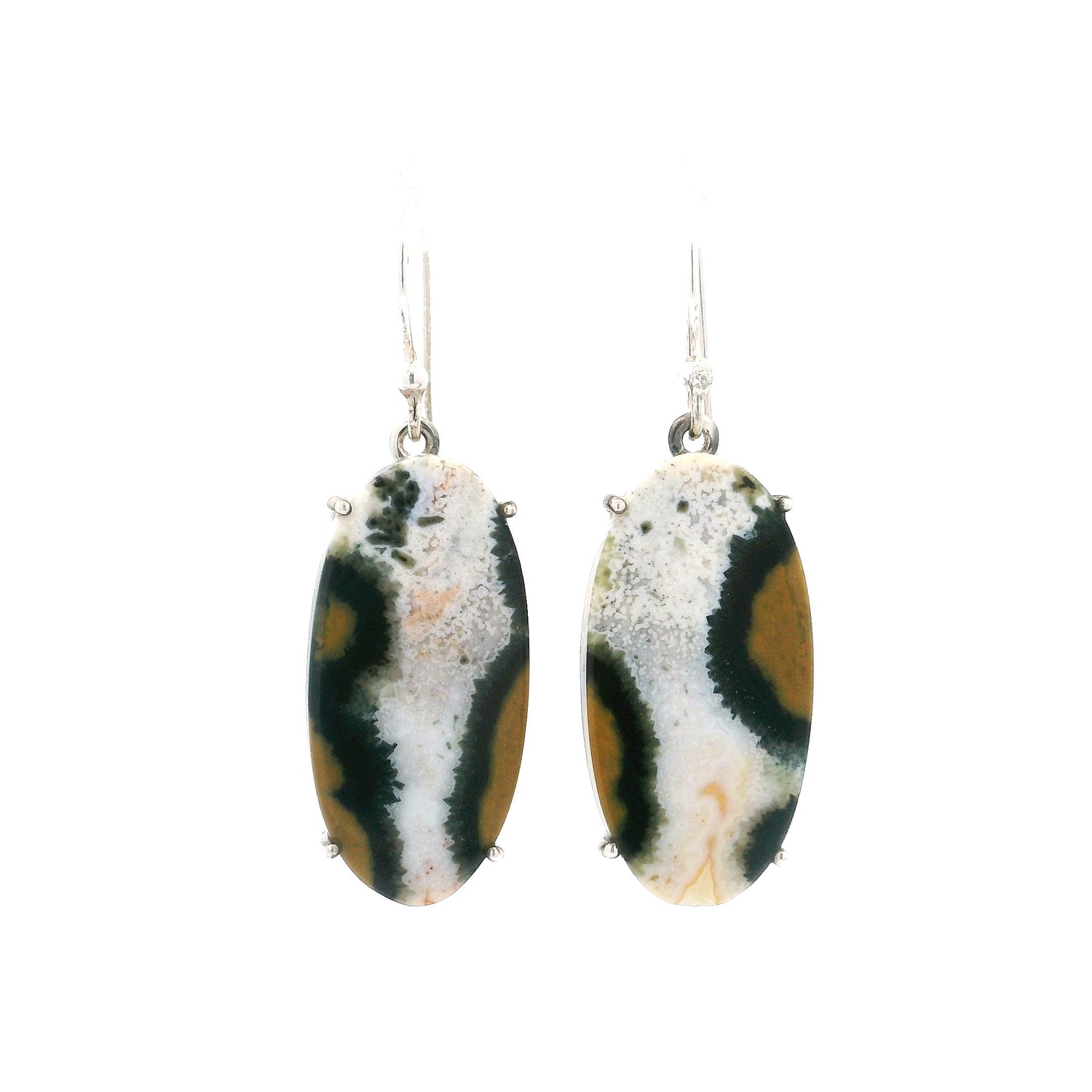 Ocean Jasper Elongated Oval Dangle Earrings Prong Set with White Center