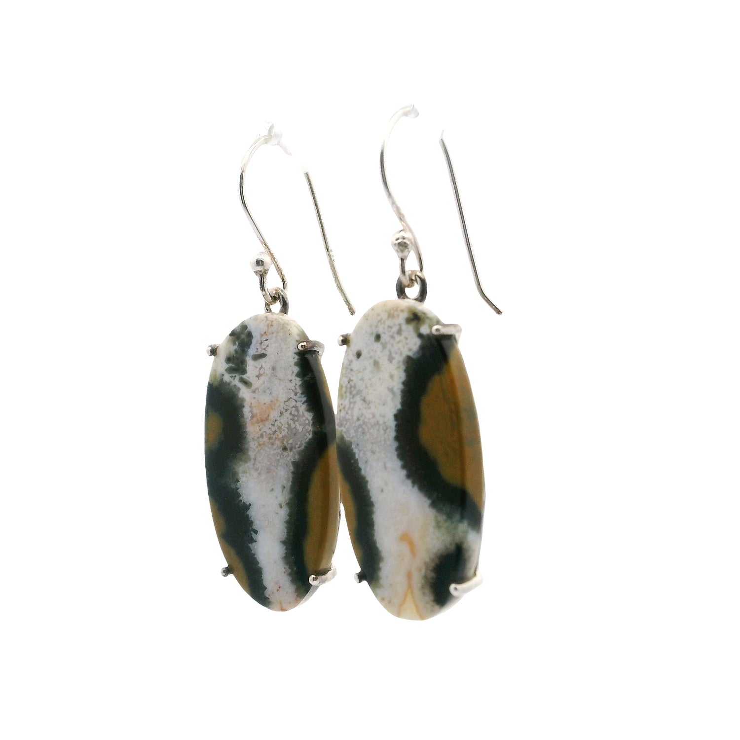 Ocean Jasper Elongated Oval Dangle Earrings Prong Set with White Center