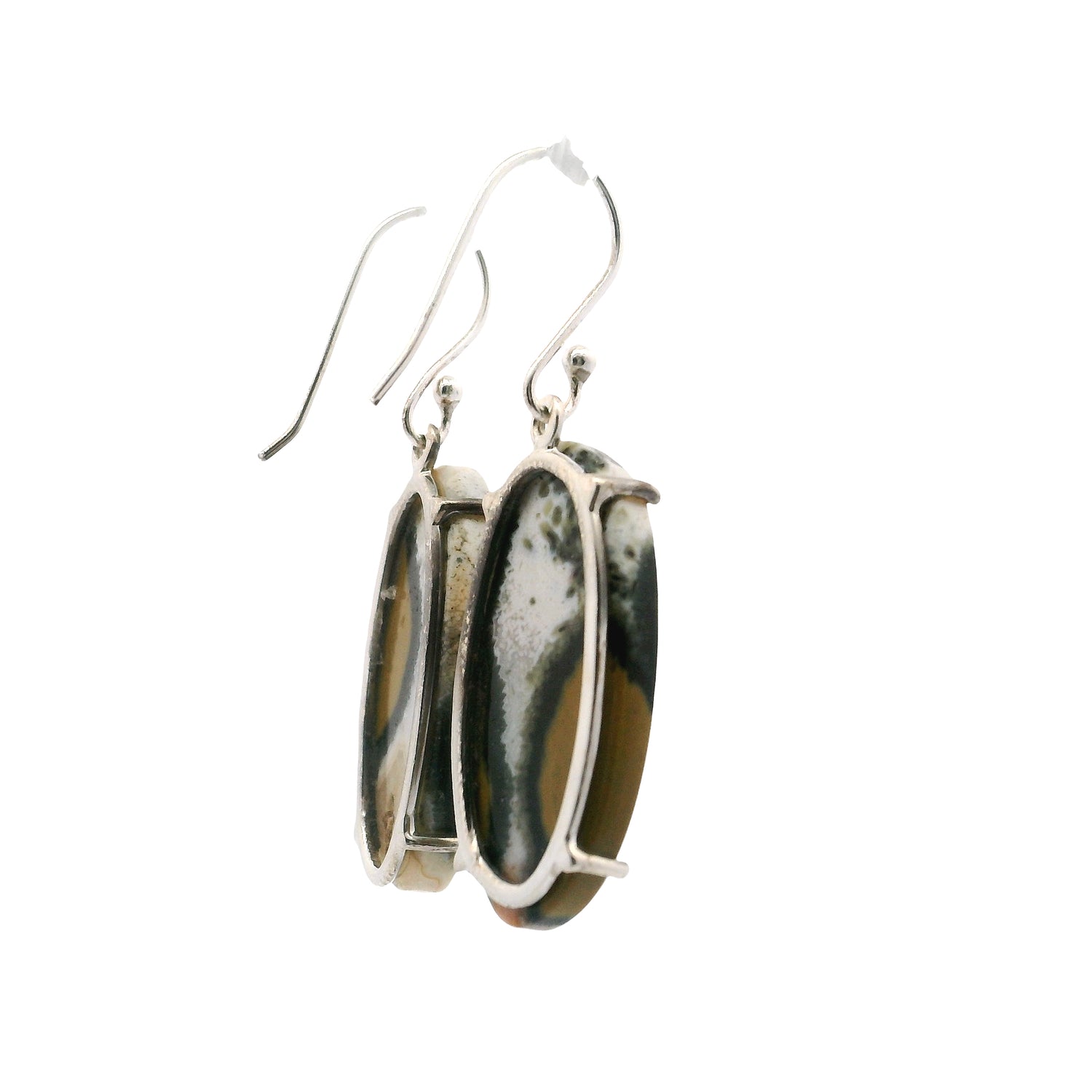 Ocean Jasper Elongated Oval Dangle Earrings Prong Set with White Center