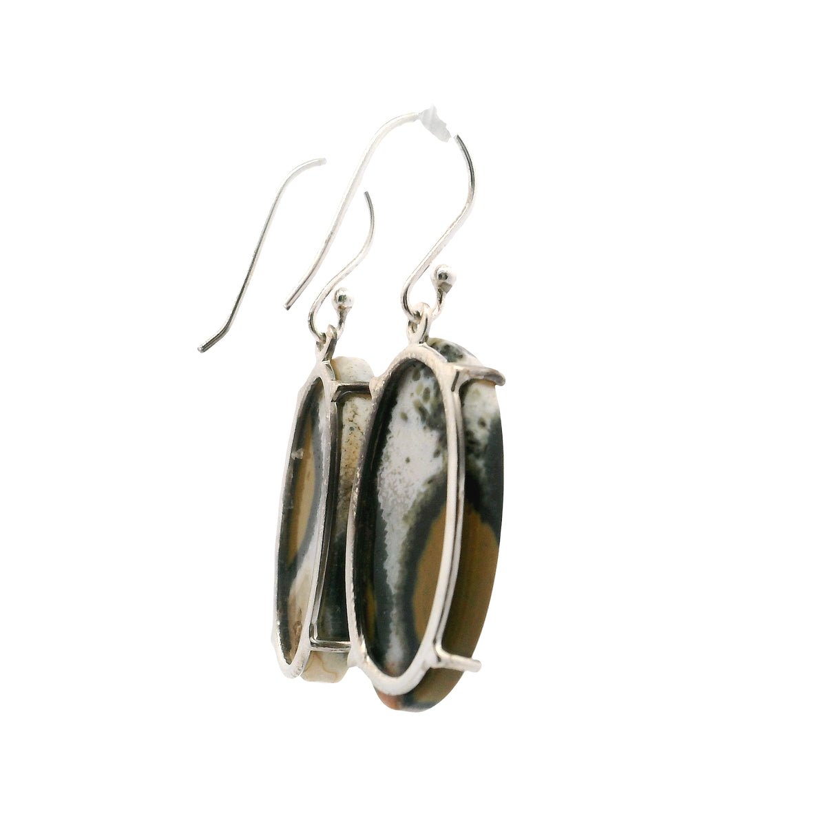 Ocean Jasper Elongated Oval Dangle Earrings Prong Set with White Center