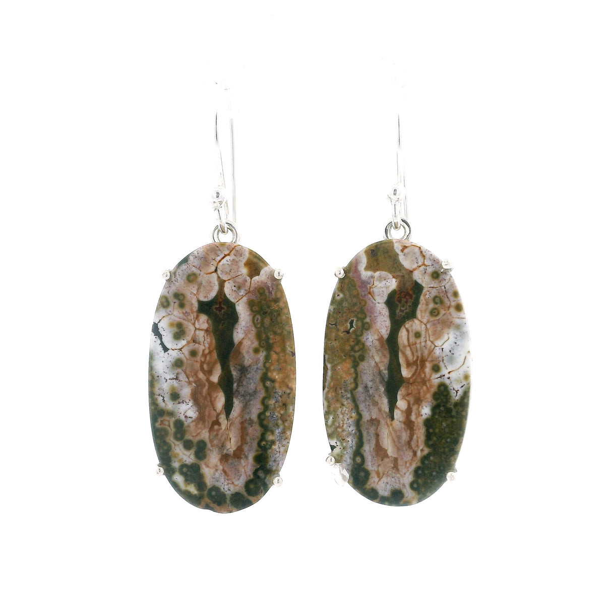 Ocean Jasper Elongated Oval Dangle Earrings Prong Set