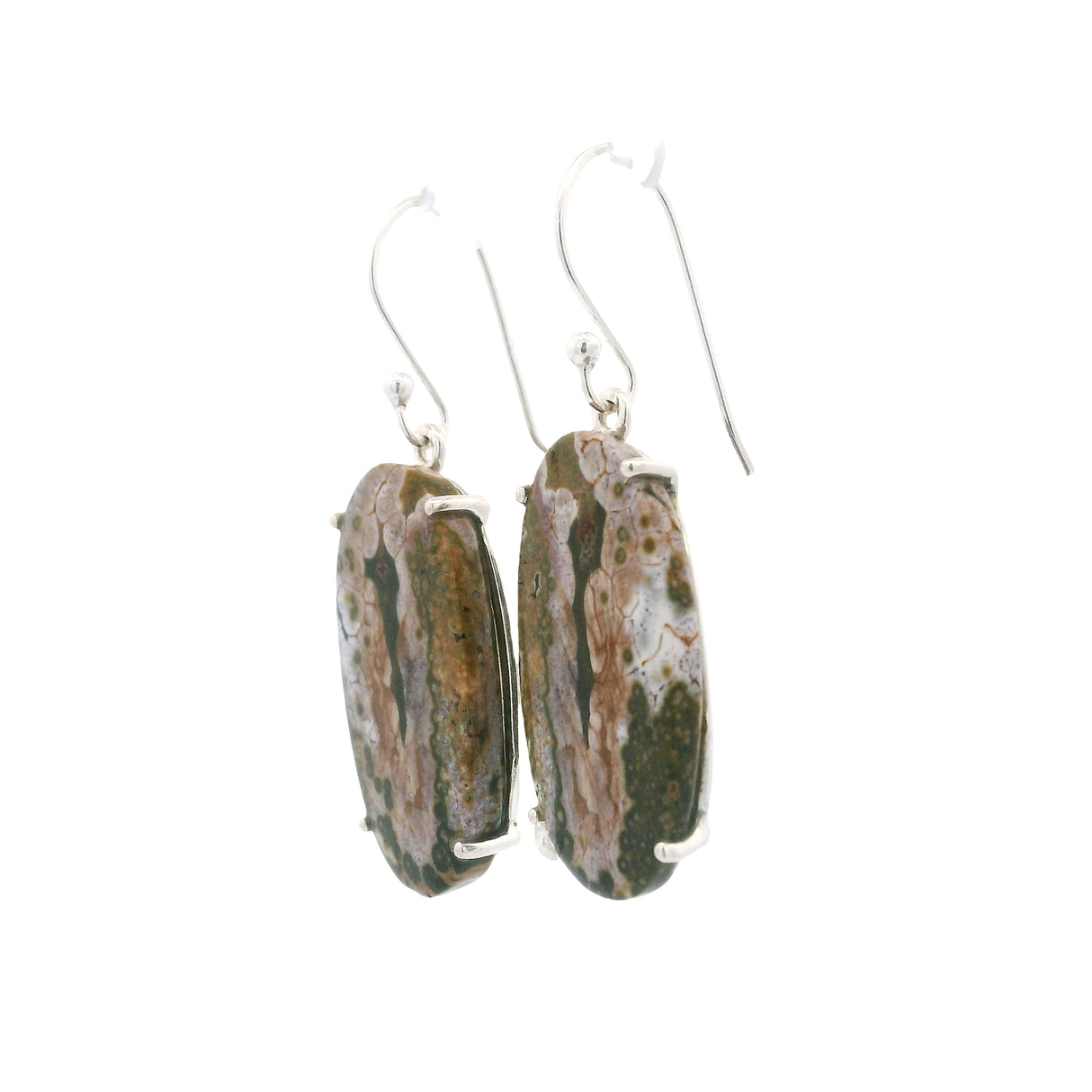 Ocean Jasper Elongated Oval Dangle Earrings Prong Set