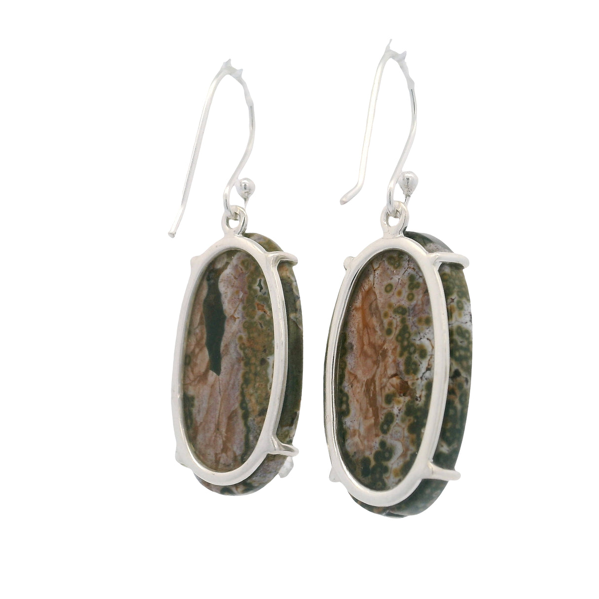Ocean Jasper Elongated Oval Dangle Earrings Prong Set