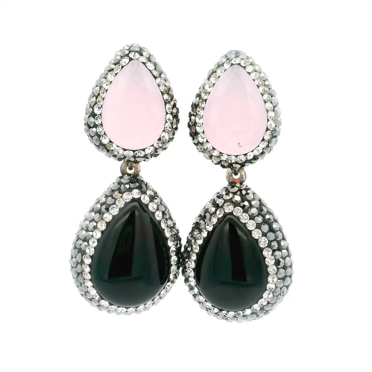 Rose Chalcedony & Black Onyx Earrings With Marcasite & Crystals