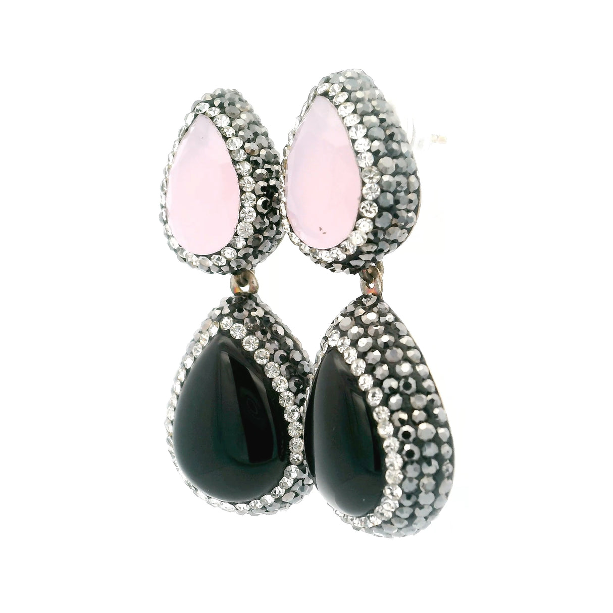 Rose Chalcedony & Black Onyx Earrings With Marcasite & Crystals