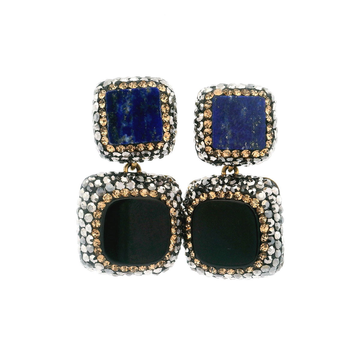 Black Onyx & Lapis Lazuli Earrings - Flat Squares With Marcasite & Gold Crystals
