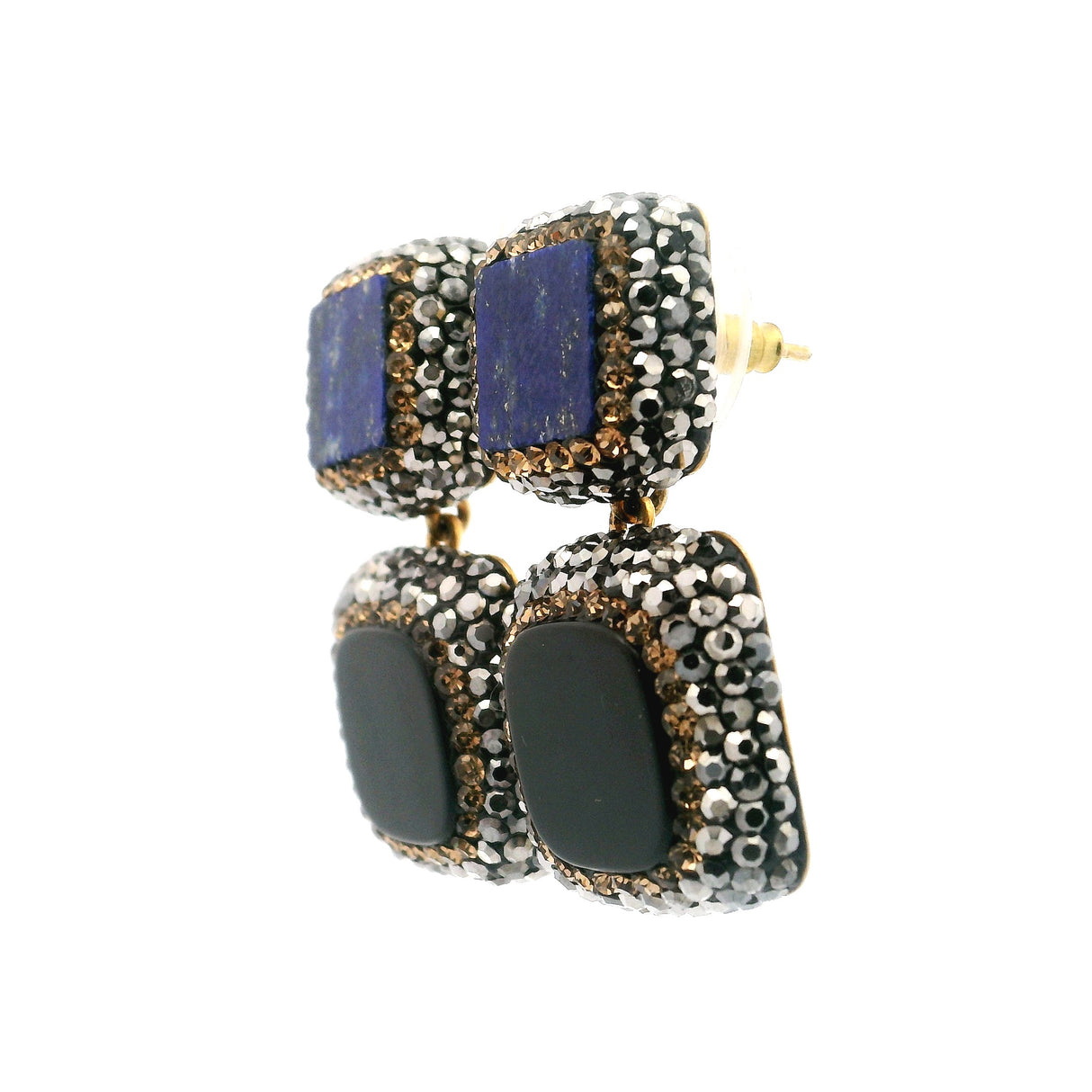 Black Onyx & Lapis Lazuli Earrings - Flat Squares With Marcasite & Gold Crystals