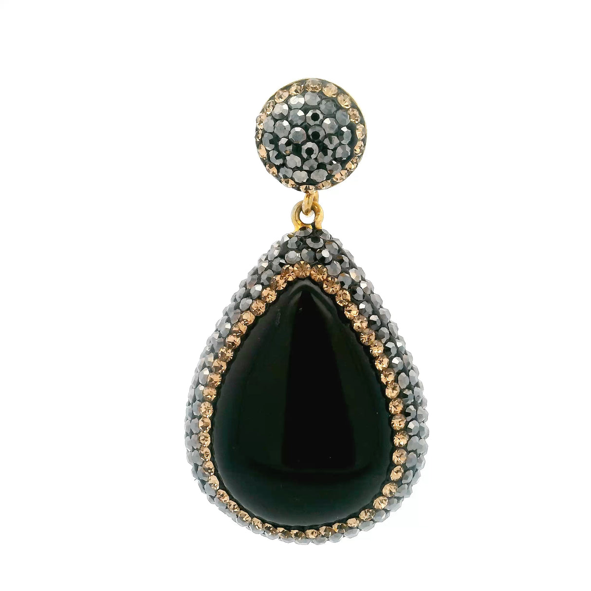 Pendentif Onyx noir - Cabochon goutte avec bélière en marcassite et cristaux dorés