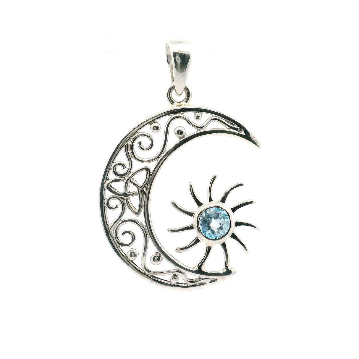 Faceted Blue Topaz Moon & Sun Pendant with Scrollwork in 925 Sterling Silver