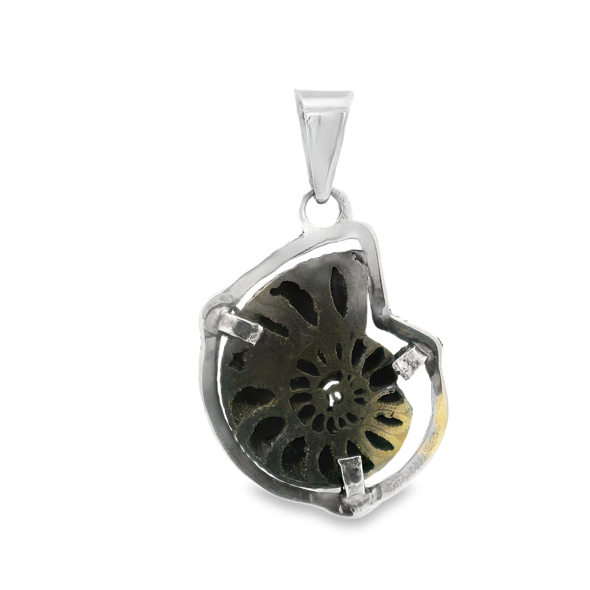 Pyritized Ammonite Fossil Pendant - Prong Set Ammonite Half With Silver Bezel & Druze Vugs