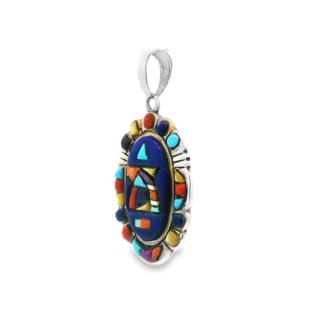 Popcorn Inlay Pendant - Oval With Inlaid Silver Bezel & Geometric Inlay - Lapis Lazuli & Multicolor