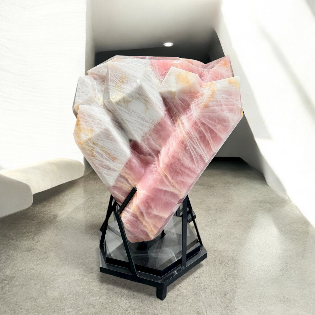 Bi-Color Rose Quartz Heart & Crystal Cluster Carving in Fitted Stand from Brazil