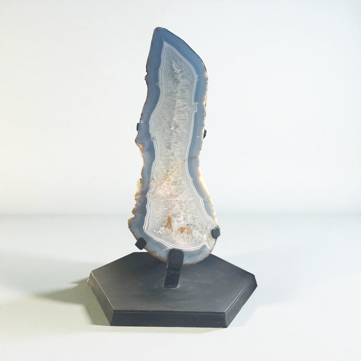 Agate End Cut on Custom Stand - Pastel Muted Blue & Gray Banding with Quartz Crystal Center