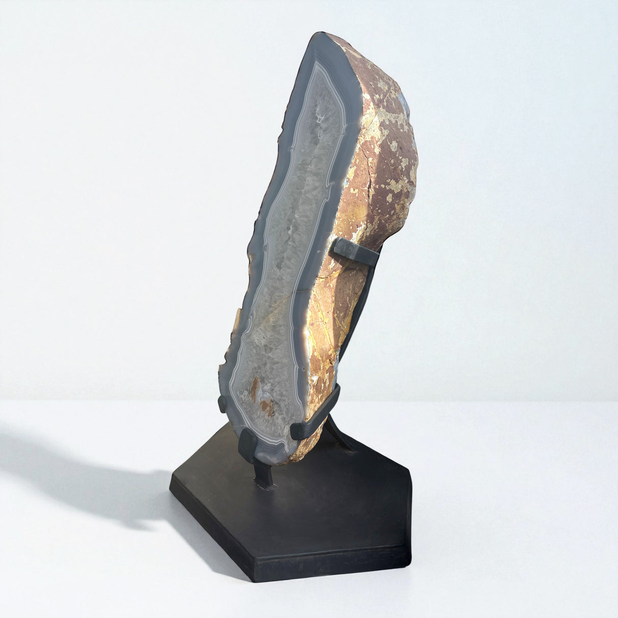 Agate End Cut on Custom Stand - Pastel Muted Blue & Gray Banding with Quartz Crystal Center