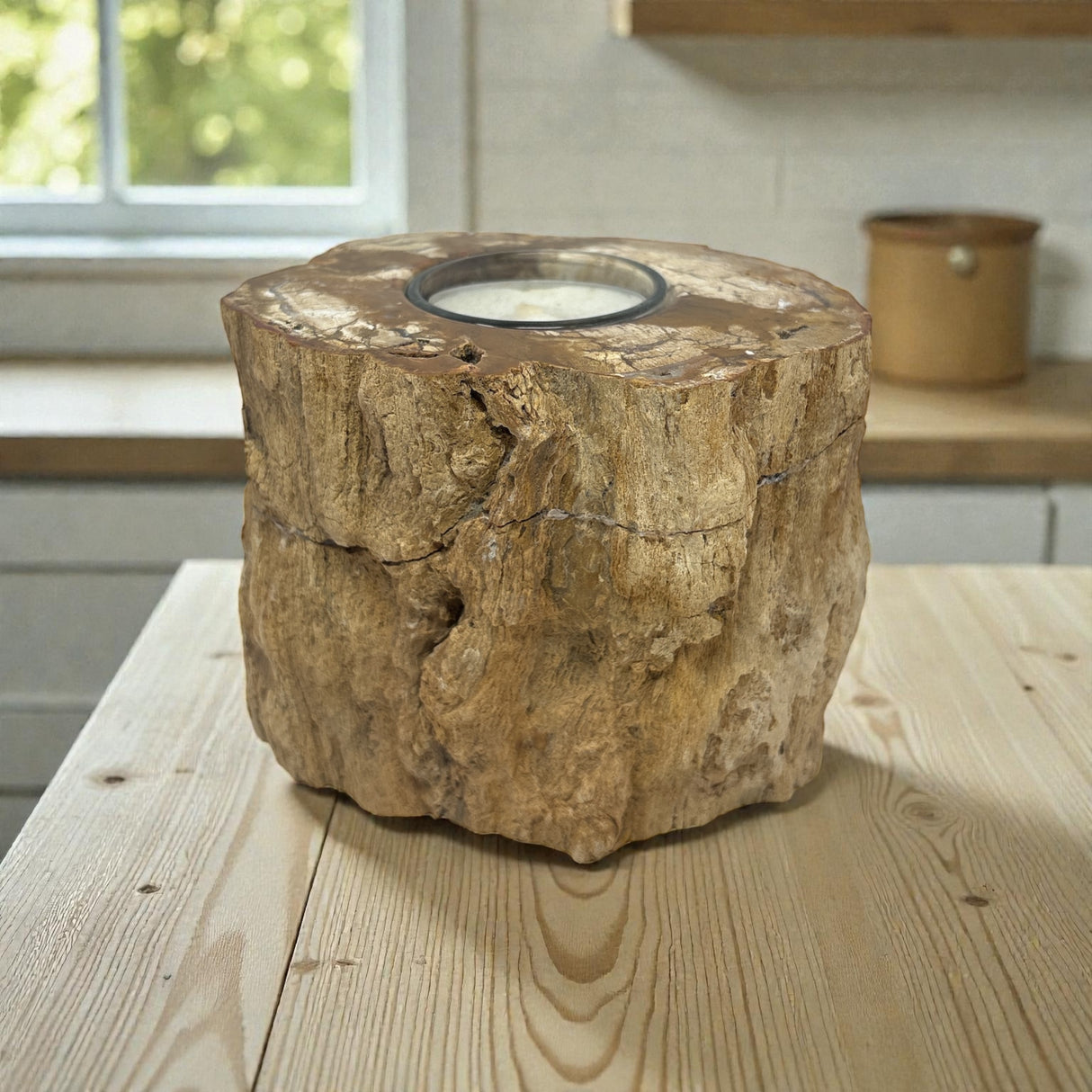 Madagascar Petrified Wood Stump Candle Holder - Single Glass Tealight with Contour Polish