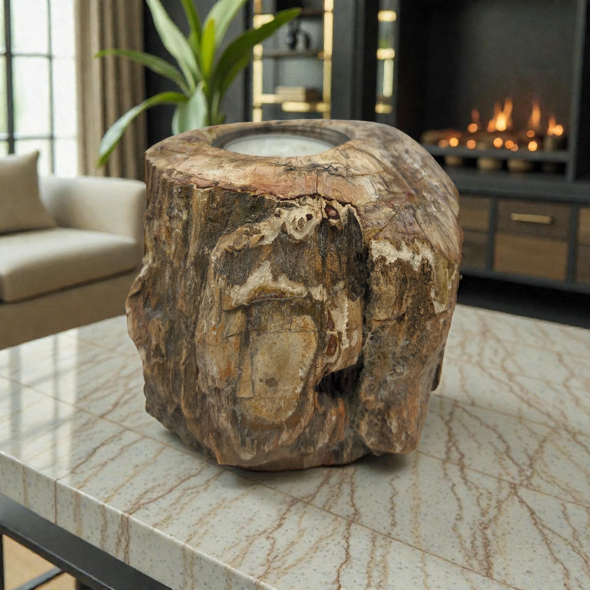 Madagascar Petrified Wood Stump Candle Holder - Single Glass Tealight with Contour Polish
