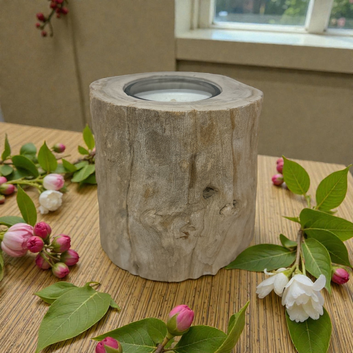 Madagascar Petrified Wood Stump Candle Holder - Single Glass Tealight with Beige Smooth Bark