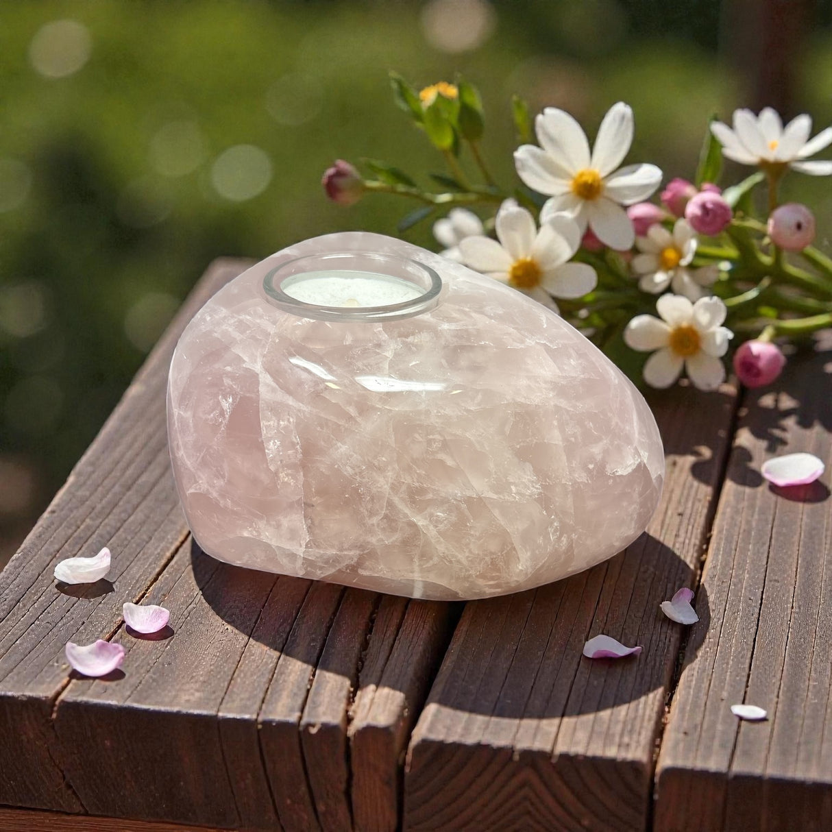 Rose Quartz Freeform Candle Holder - Single Glass Tealight