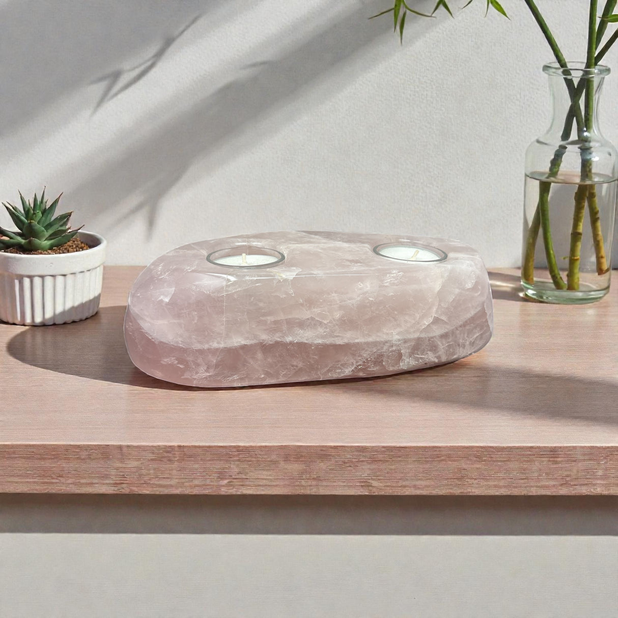 Rose Quartz Freeform Candle Holder - Double Glass Tealights