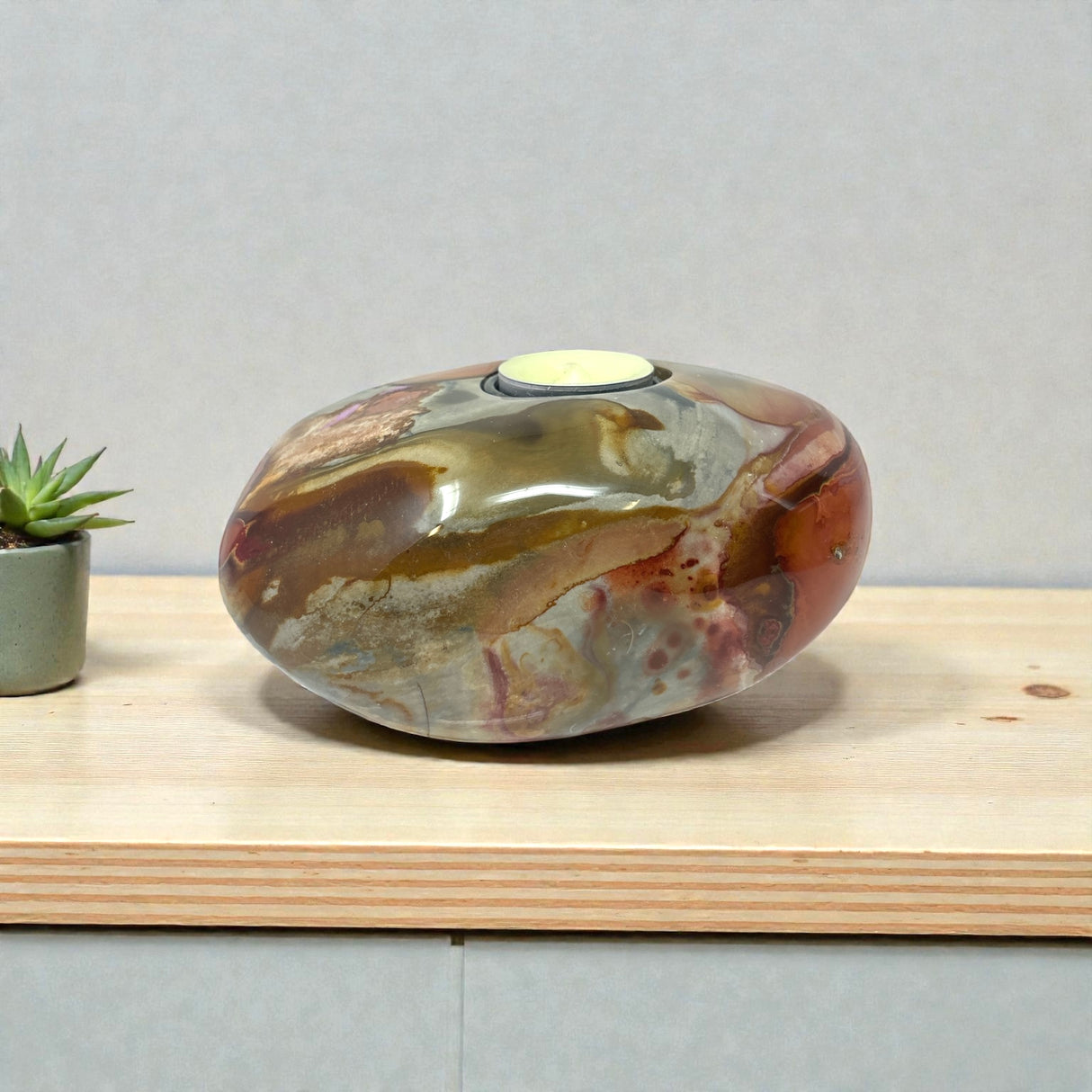 Polychrome Jasper Freeform Candle Holder - Single Glass Tealight - Low