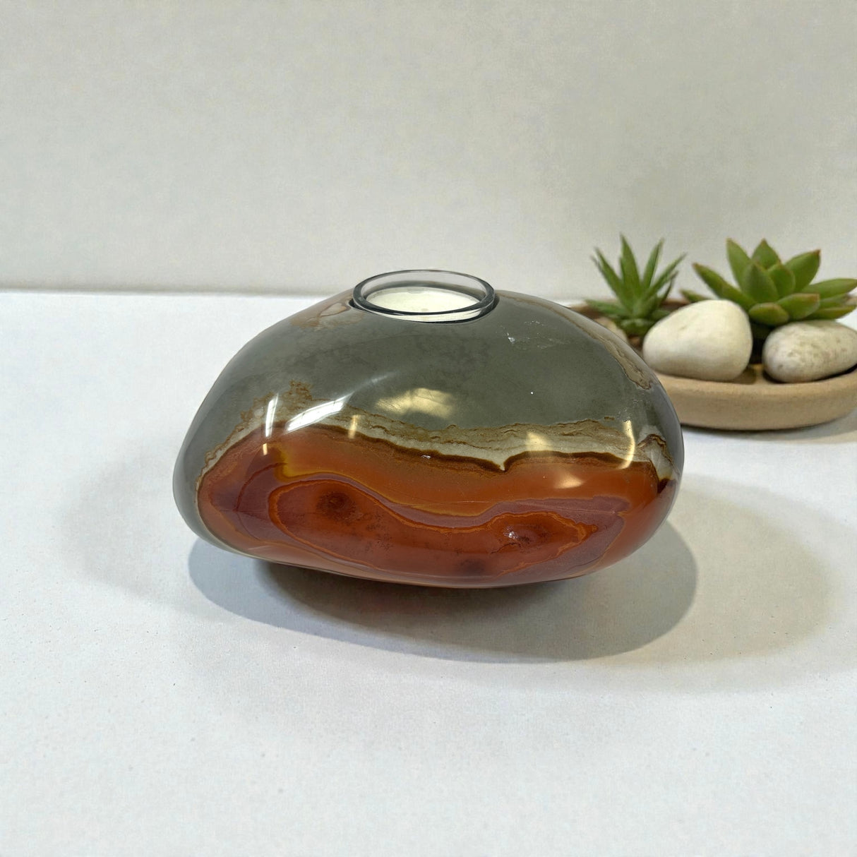 Polychrome Jasper Freeform Candle Holder - Single Glass Tealight - Low