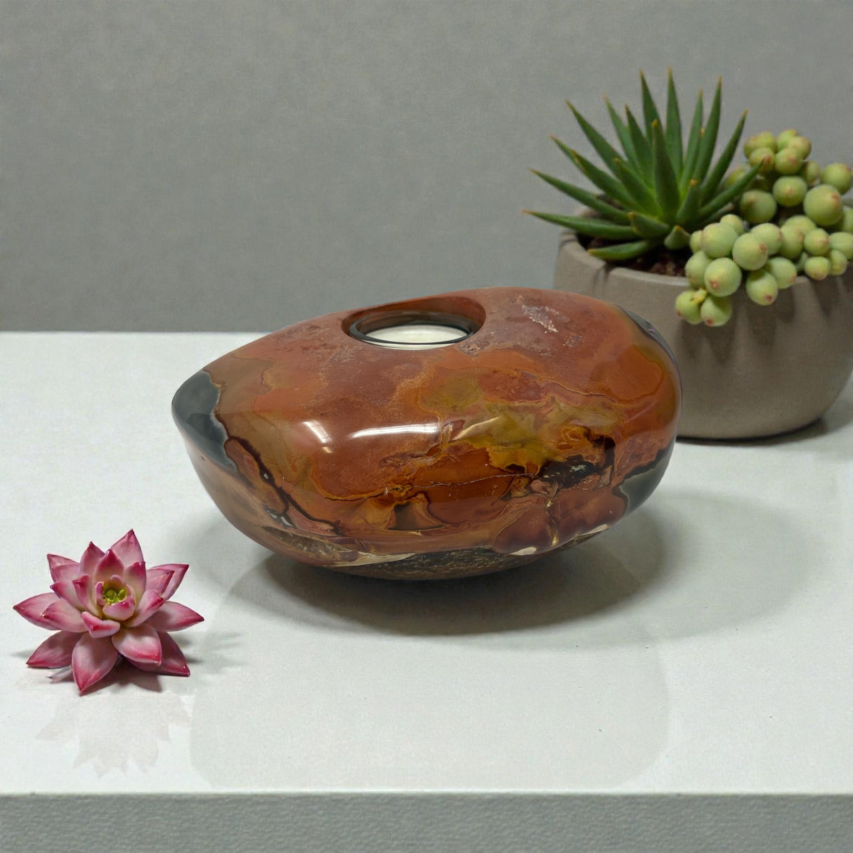 Polychrome Jasper Freeform Candle Holder - Single Glass Tealight - Low