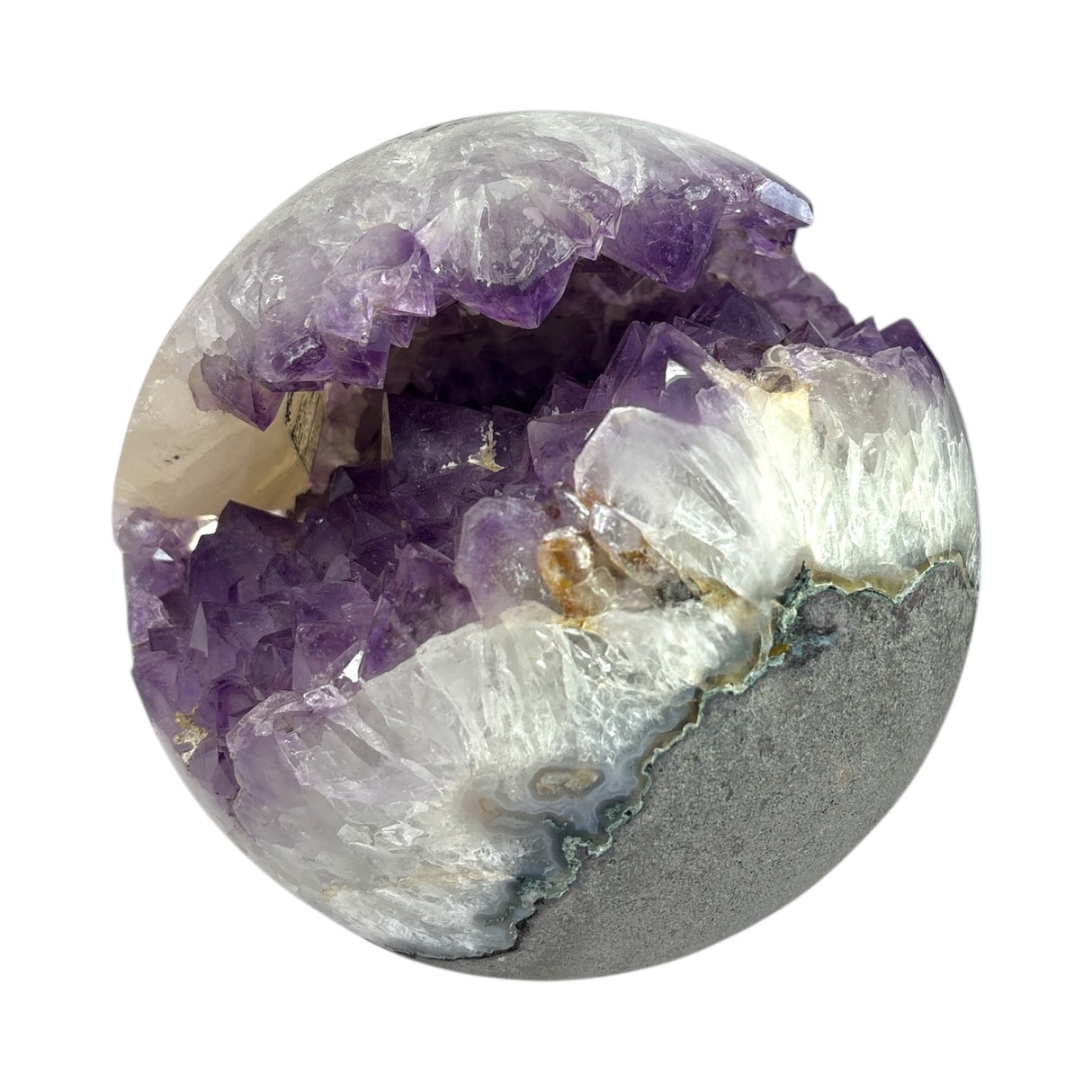 Amethyst Crystal Sphere with Deep Crevasse & Large Calcite Crystal Feature - Basalt Matrix