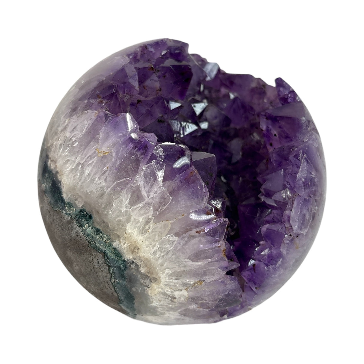 Amethyst Crystal Sphere with Tapered Crevasse & Deep Color with Mini Calcite Crystal Inclusions on Lucite Ring Stand
