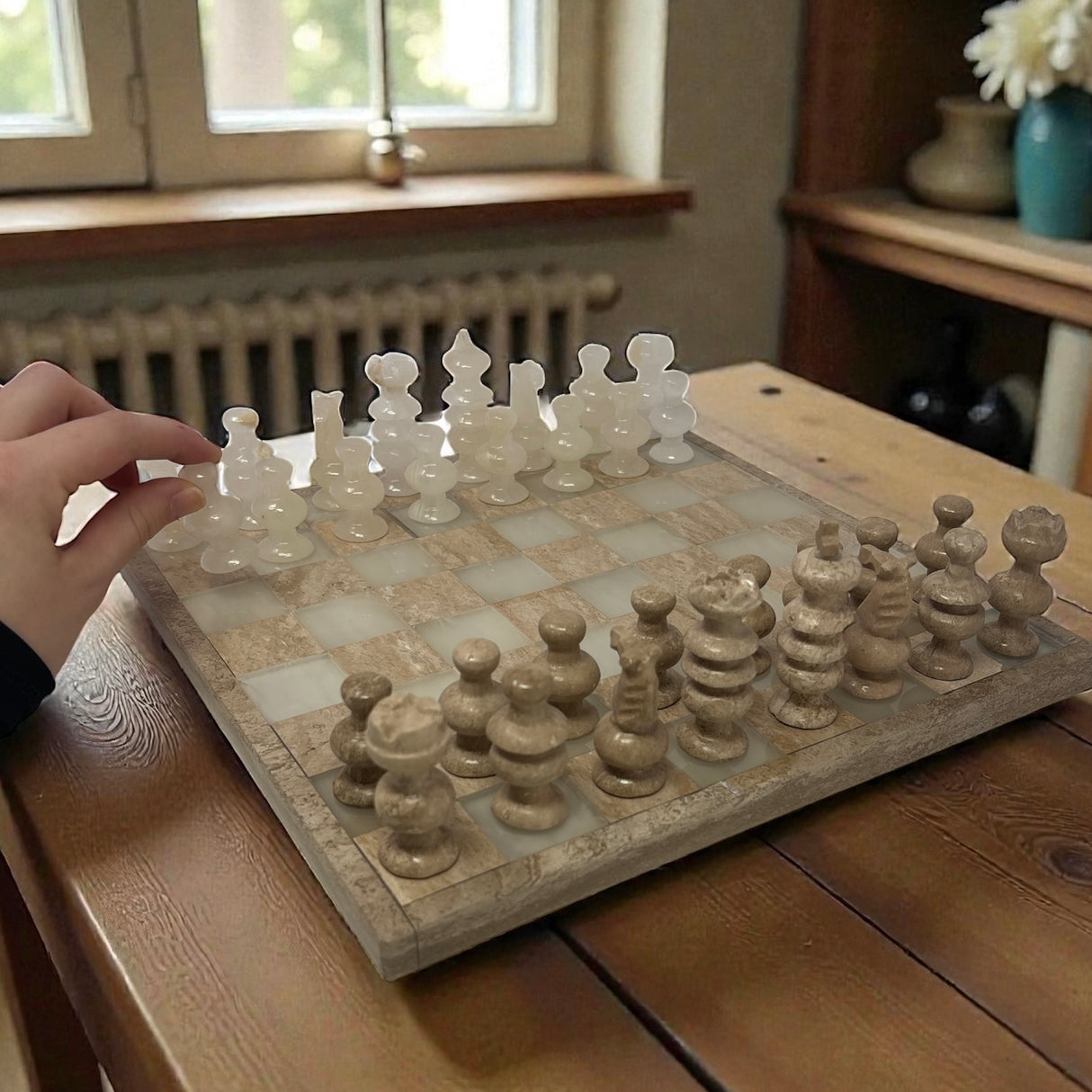 Hand Carved Mexican Onyx Stone Chess Set - Medium 10.5"