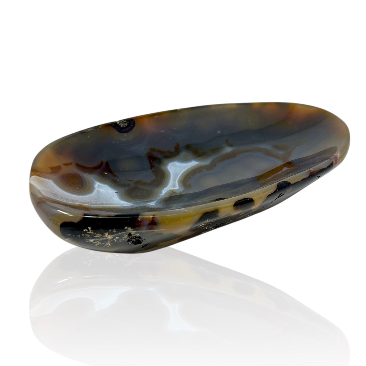 Oval Agate Bowl with Black Dendritic Exterior and Blue Gray Orbs with White Fortified Center