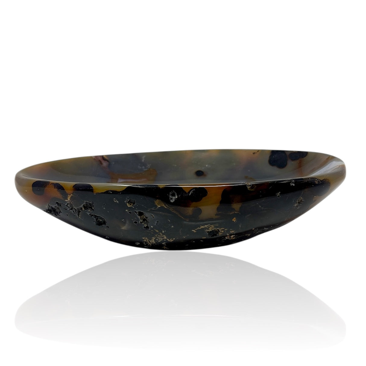 Oval Agate Bowl with Black Dendritic Exterior and Blue Gray Orbs with White Fortified Center