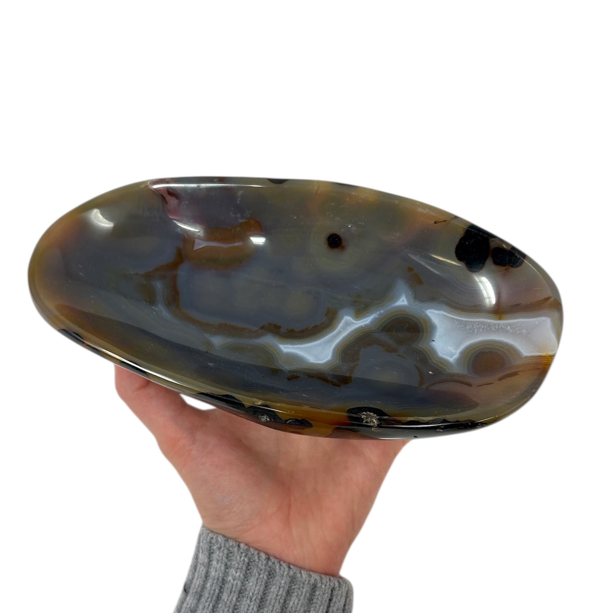 Oval Agate Bowl with Black Dendritic Exterior and Blue Gray Orbs with White Fortified Center