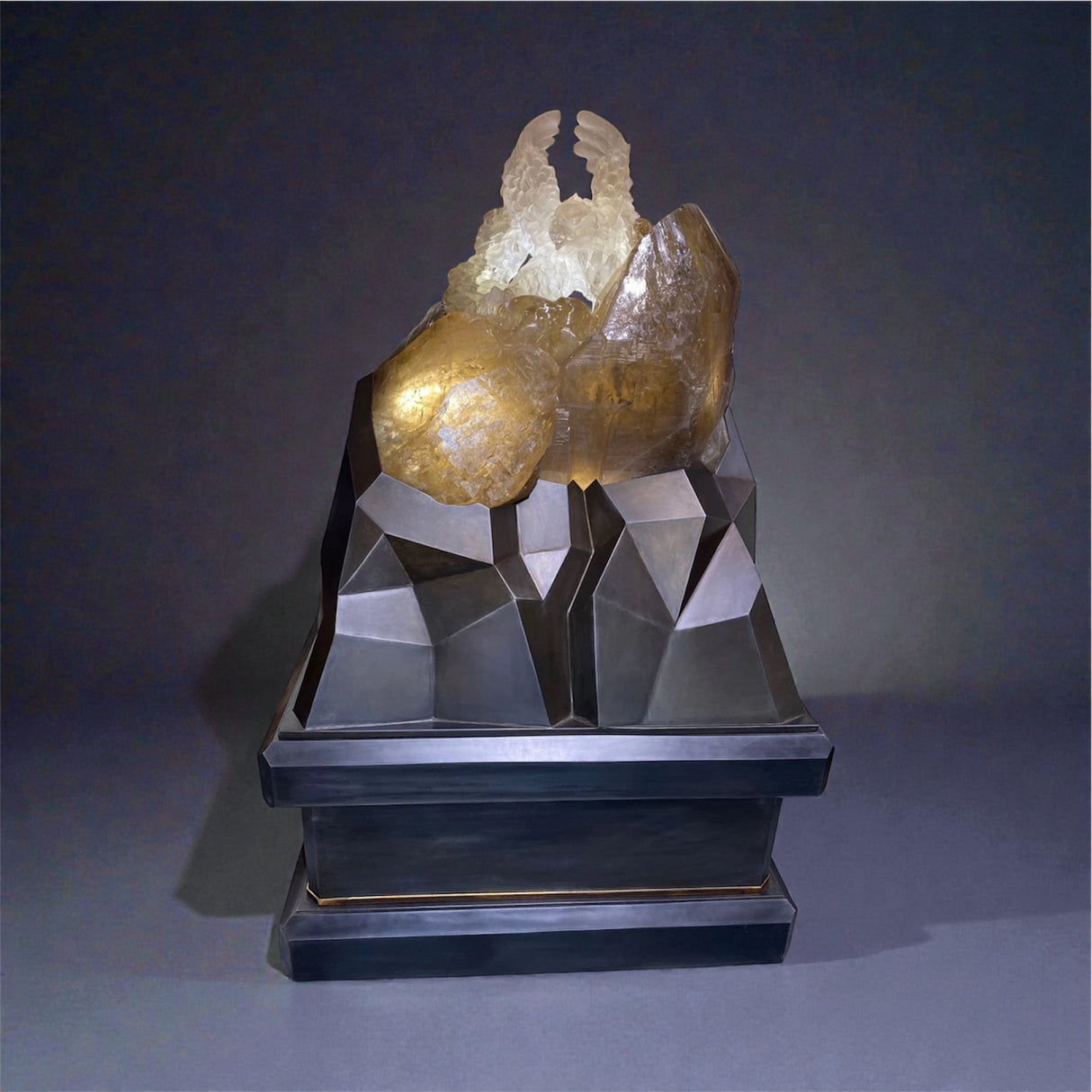 Natural Smoky Citrine Quartz Crystal Cluster Eagle Carving on Custom Angular Light Base on Wheels with 2 Tone Patina