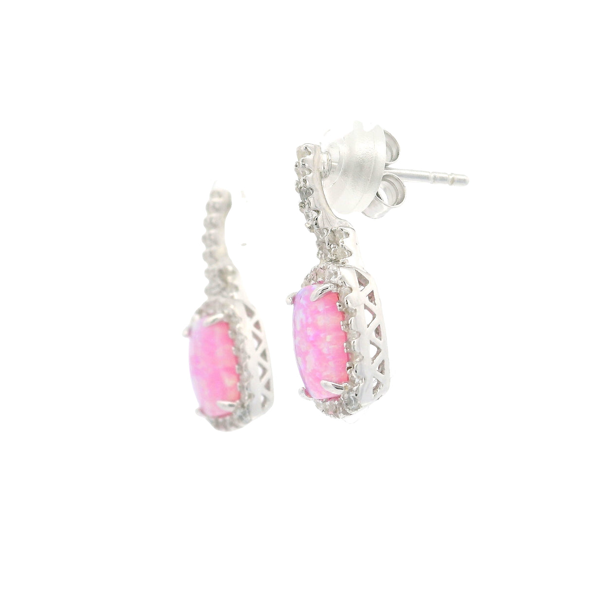 Boucles d'oreilles en opale rose sur tige – Cabochon rectangulaire avec oxydes de zirconium blancs sur la bélière et autour du serti à griffes en argent sterling 925