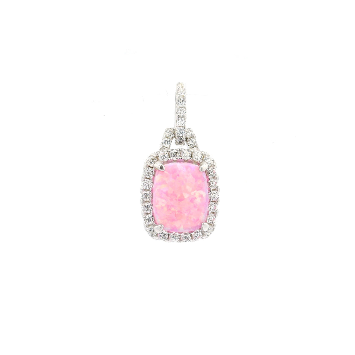 Pendentif en opale rose - Cabochon rectangulaire avec oxydes de zirconium blancs sur la bélière et le sertissage à griffes en argent sterling 925