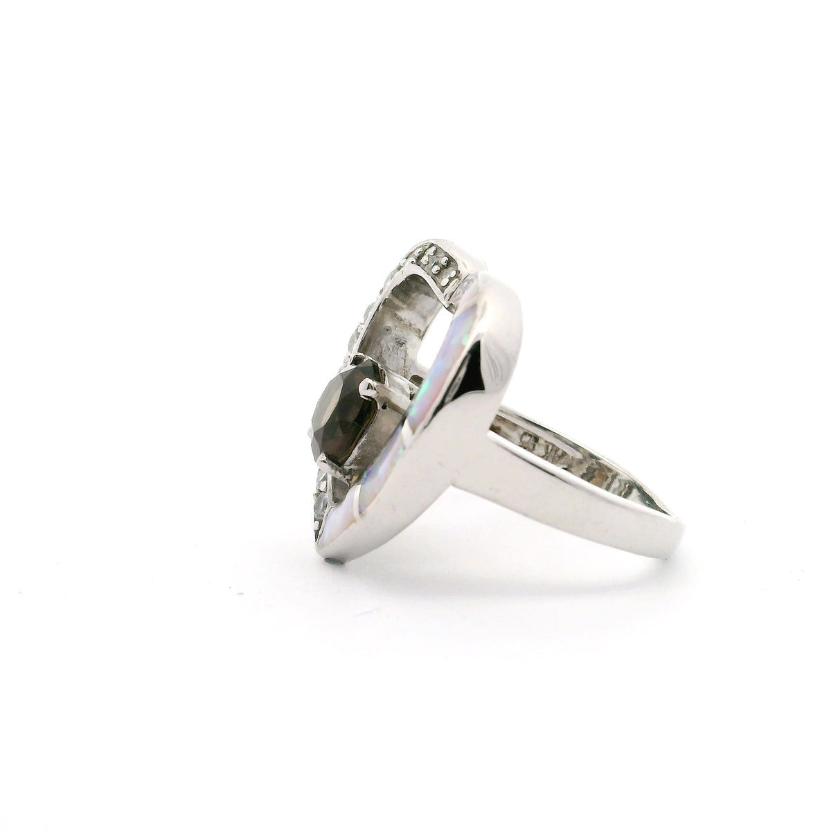 Side view of the opal inlay heart ring with smoky topaz CZ center
