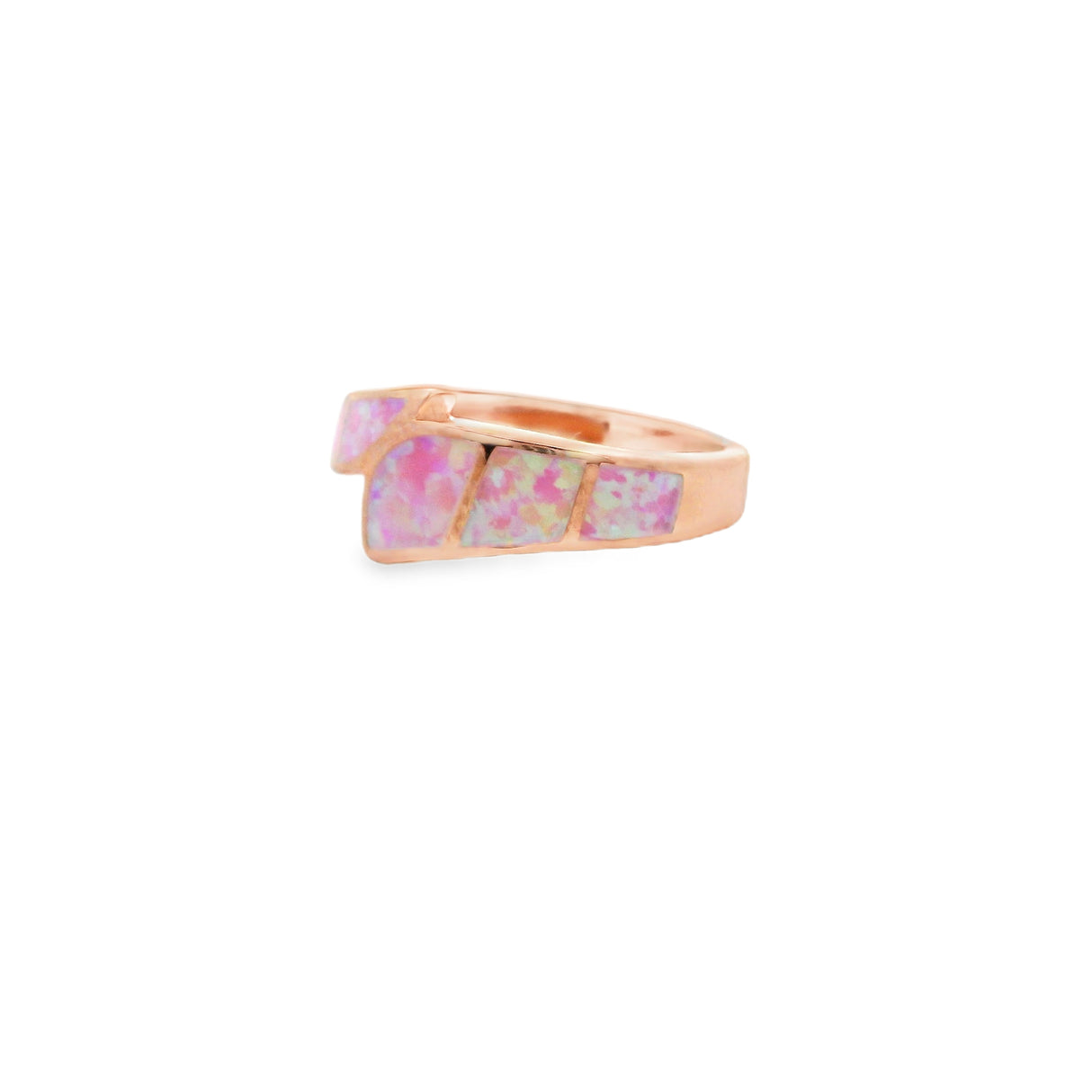 Pink Opal Ring - Inlay Band with Shifted Top and Rose Gold Vermeil on 925 Sterling Silver Sz8
