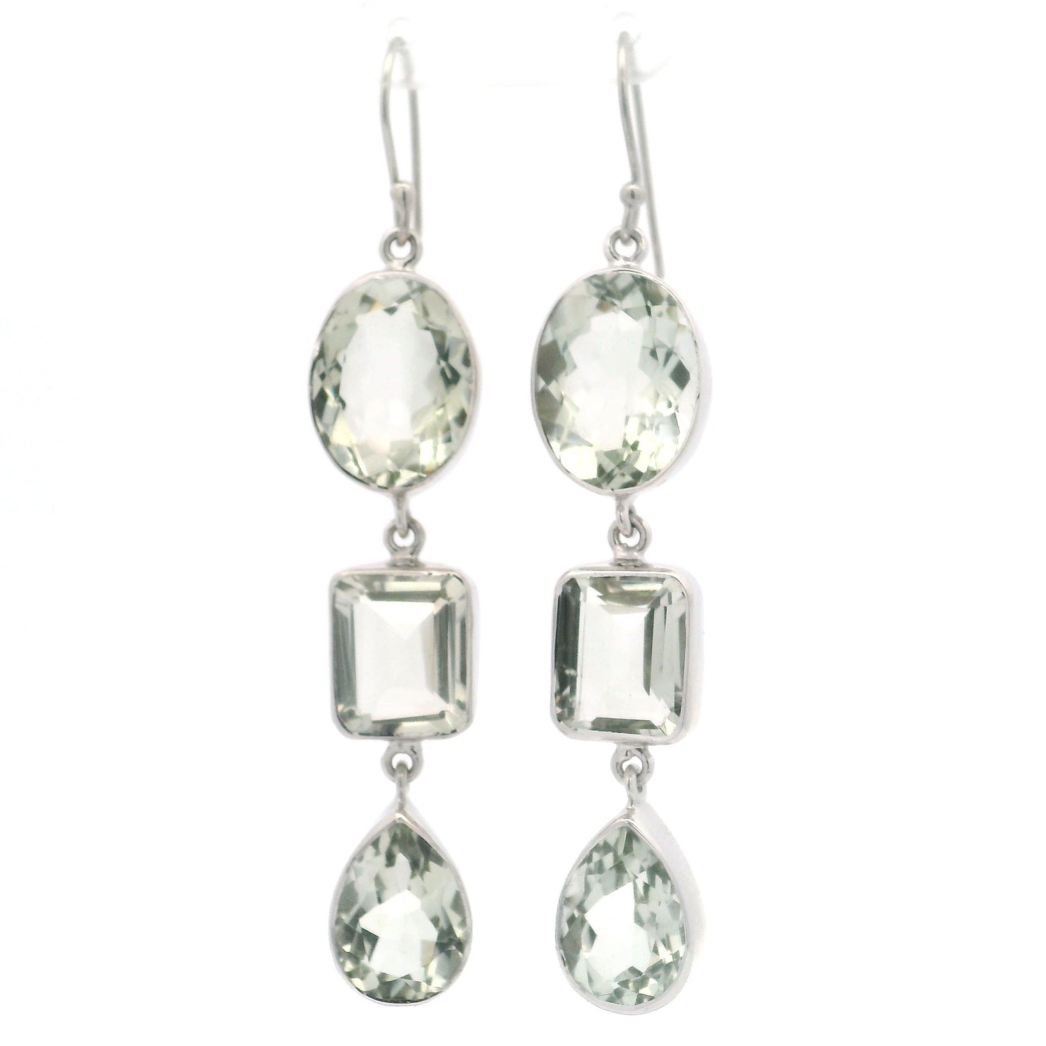 Faceted Prasiolite Dangle Earrings with Mixed Shapes - Oval & Rectangle & Pear