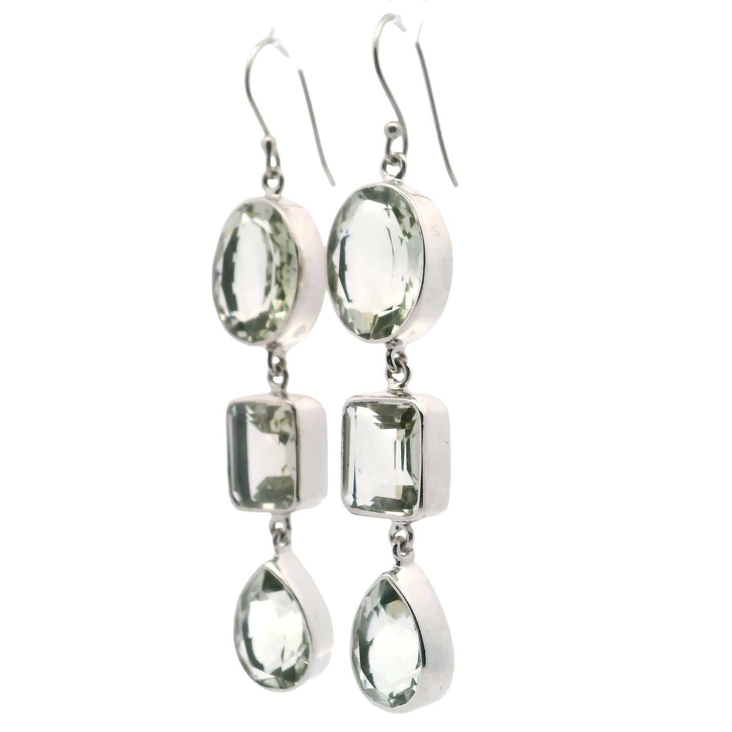 Faceted Prasiolite Dangle Earrings with Mixed Shapes - Oval & Rectangle & Pear