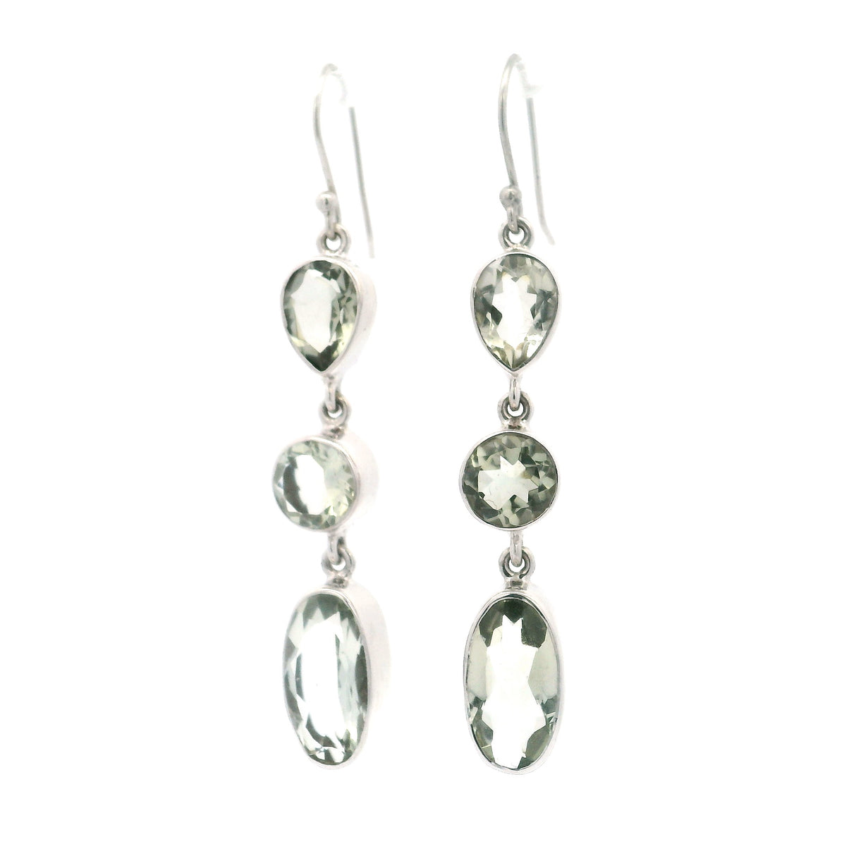 Faceted Prasiolite Dangle Earrings with Mixed Shapes - Pear & Round & Oval