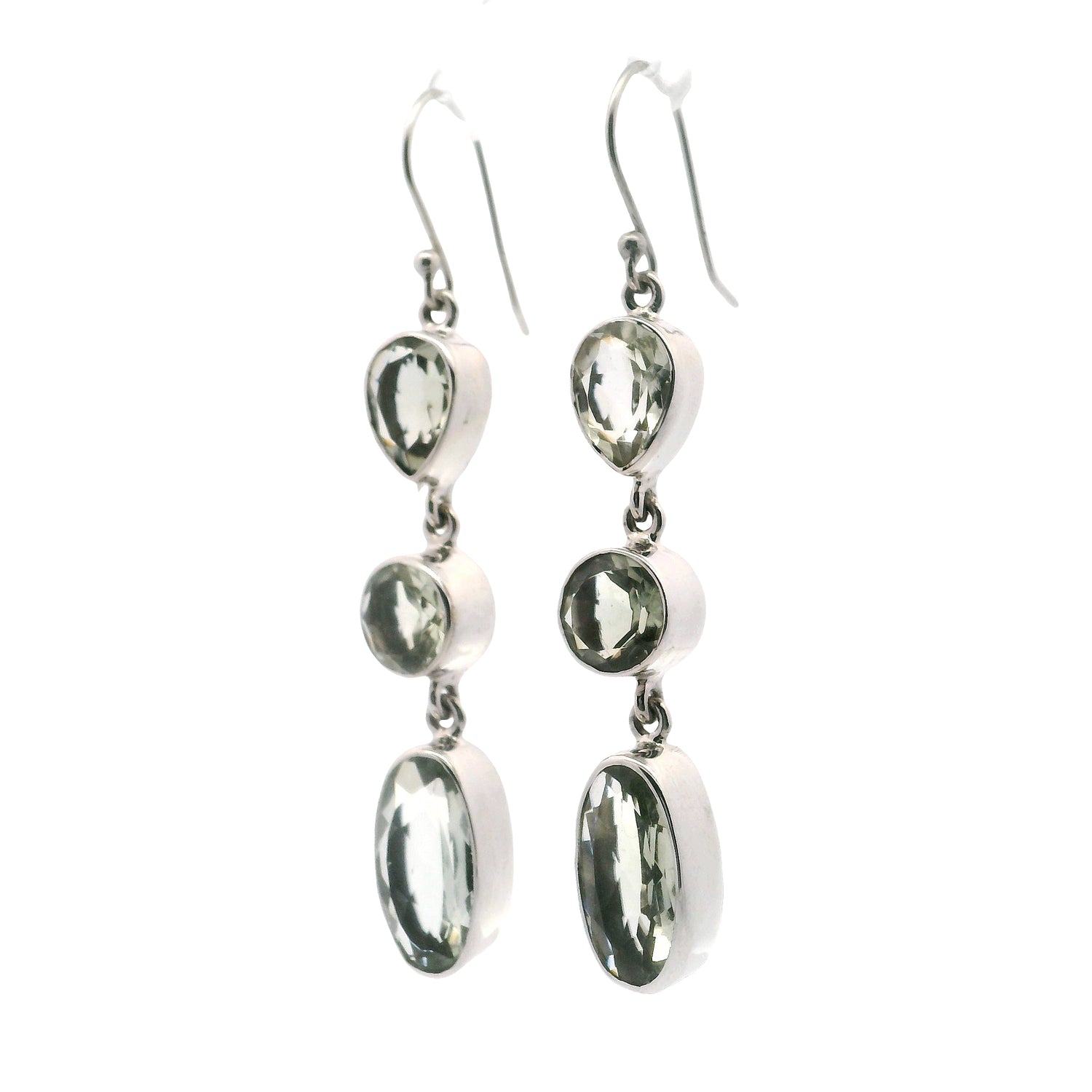 Faceted Prasiolite Dangle Earrings with Mixed Shapes - Pear & Round & Oval