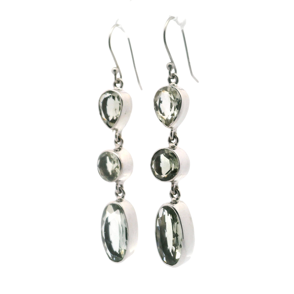 Faceted Prasiolite Dangle Earrings with Mixed Shapes - Pear & Round & Oval