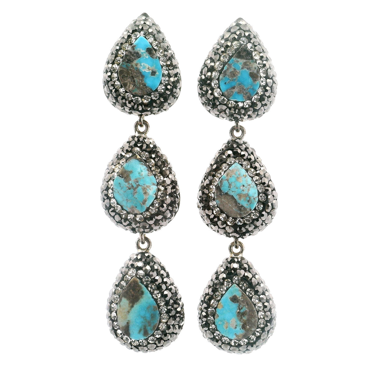 Persian Turquoise Dangle Earrings On-post - 3 Pears With Marcasite & Silver Crystals