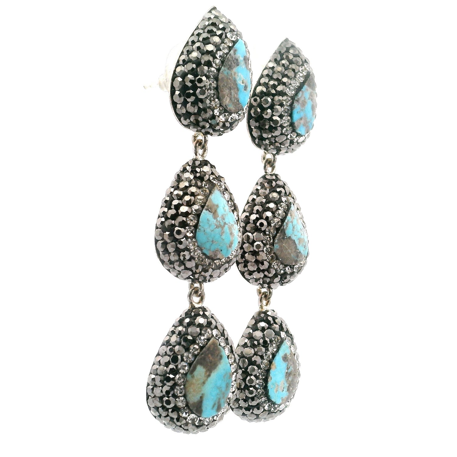 Persian Turquoise Dangle Earrings On-post - 3 Pears With Marcasite & Silver Crystals